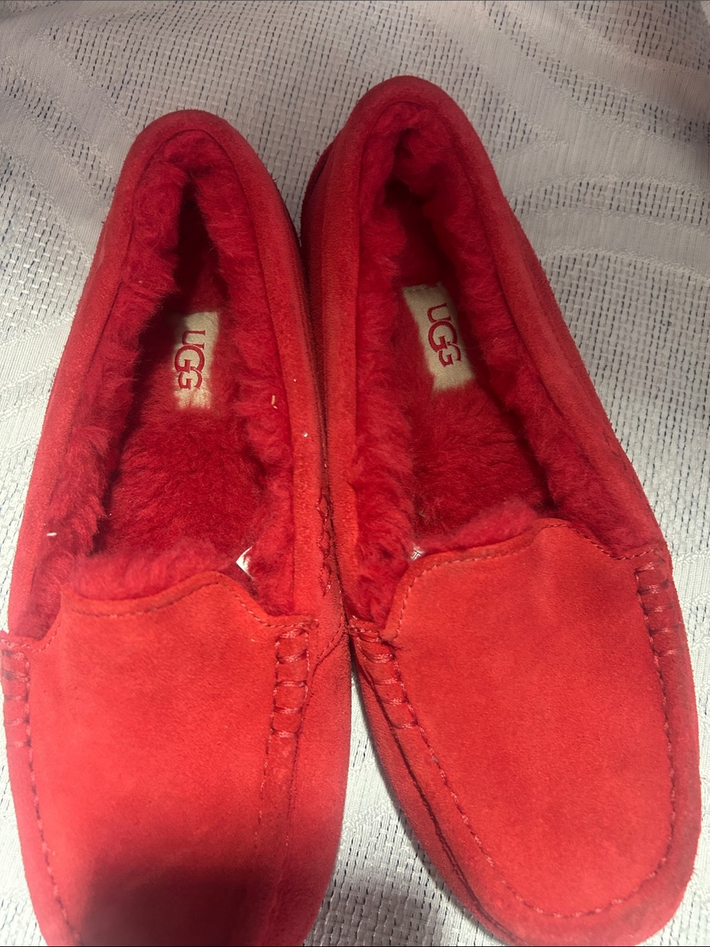 UGG Red Suede Moccasin Slippers with Shearling Lining